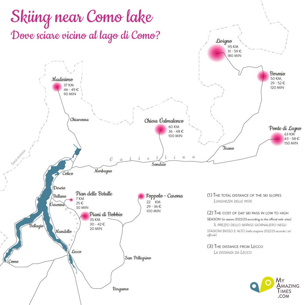 The map of the Como lake and the nearest ski resorts with the length of slopes, price for a day ski pass and distance from Lecco